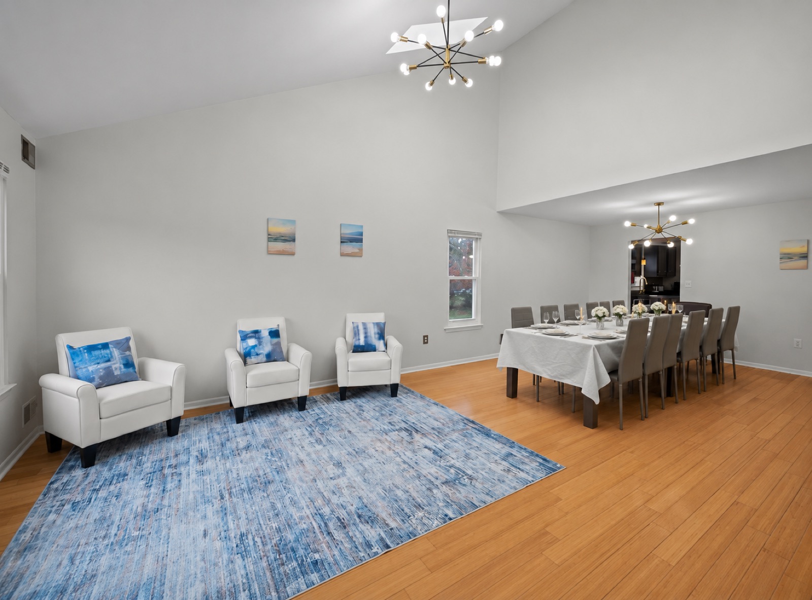 The great room with dinner table for twelve