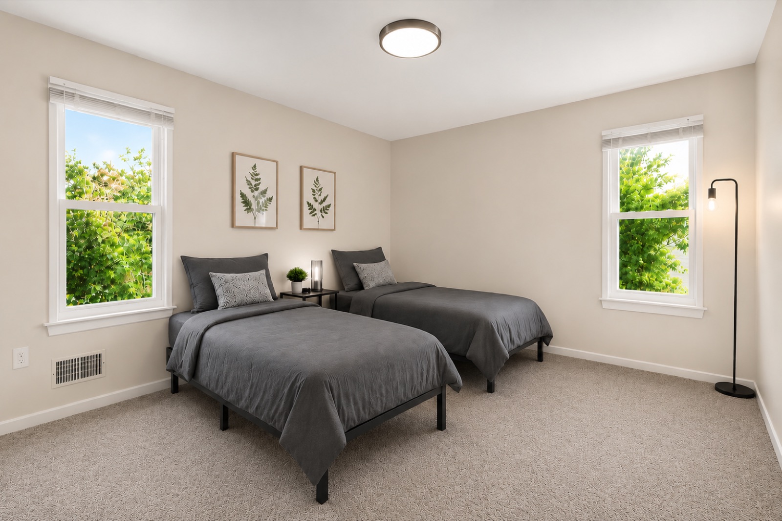 Twin bedroom with garden views